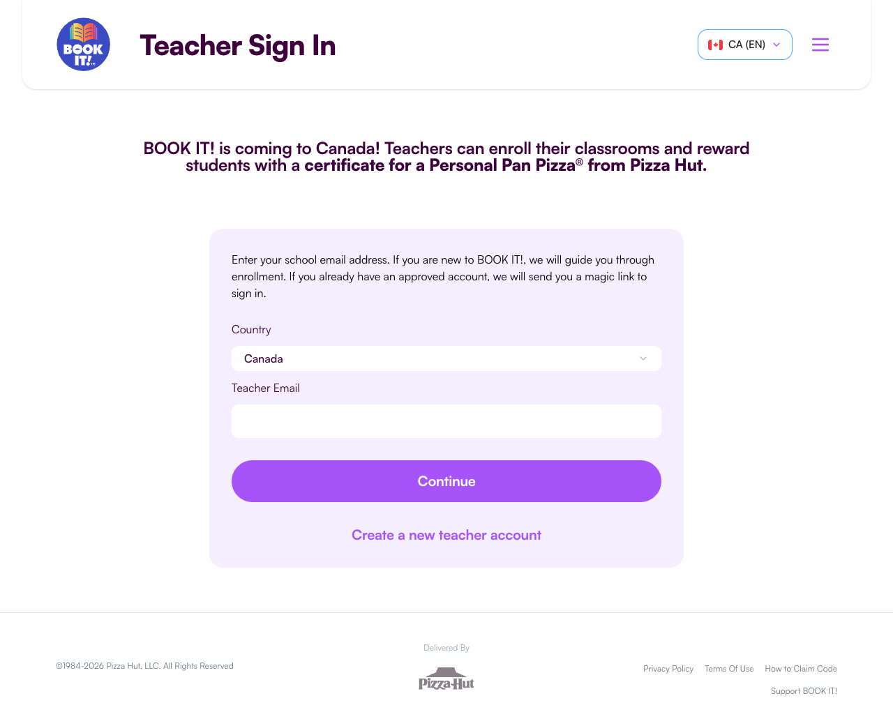 Teacher sign-in screen — Canada · English