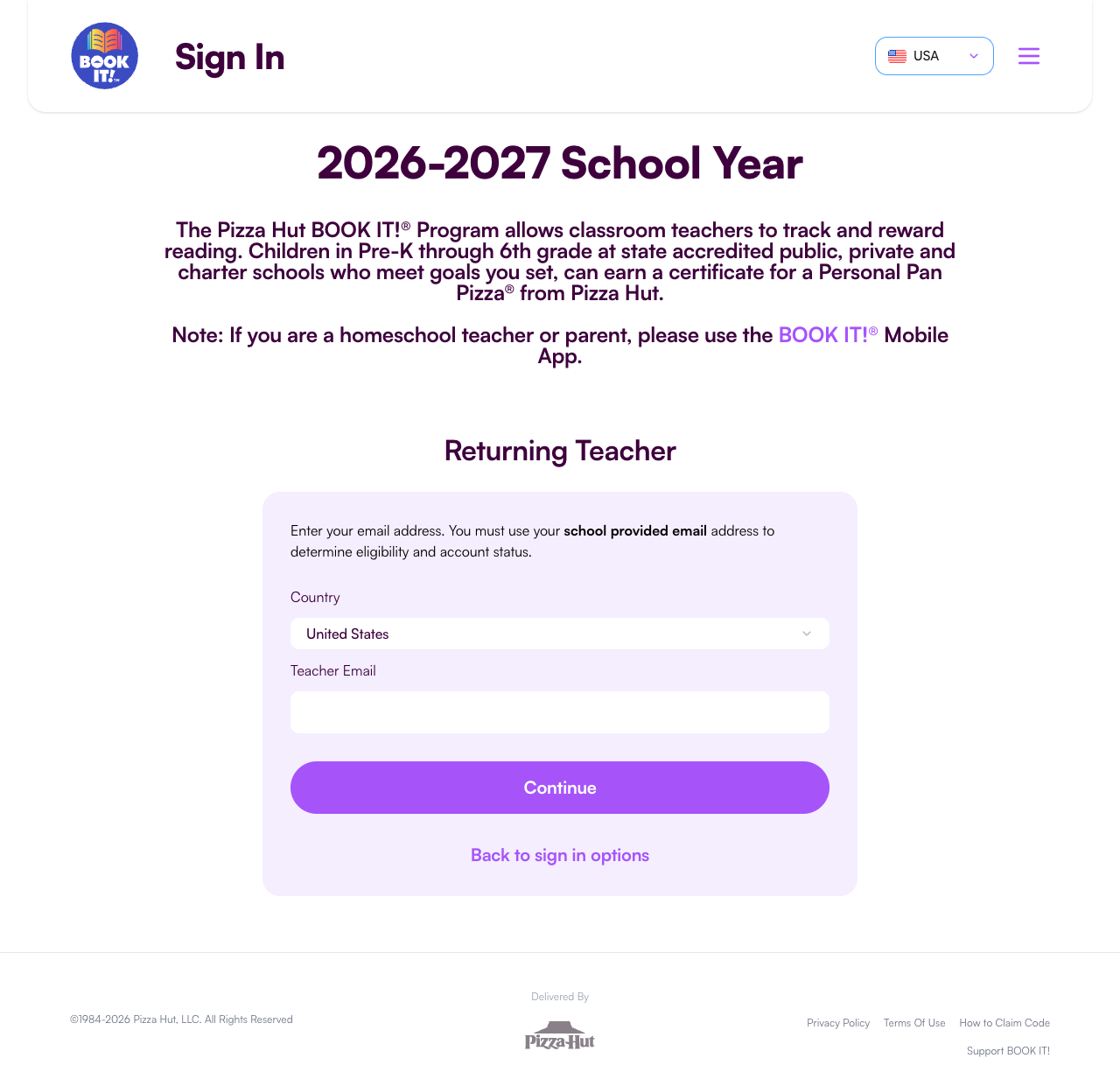 Teacher sign-in screen — United States