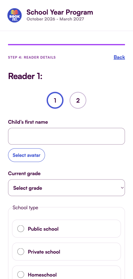 Reader name, grade, school type, and avatar form