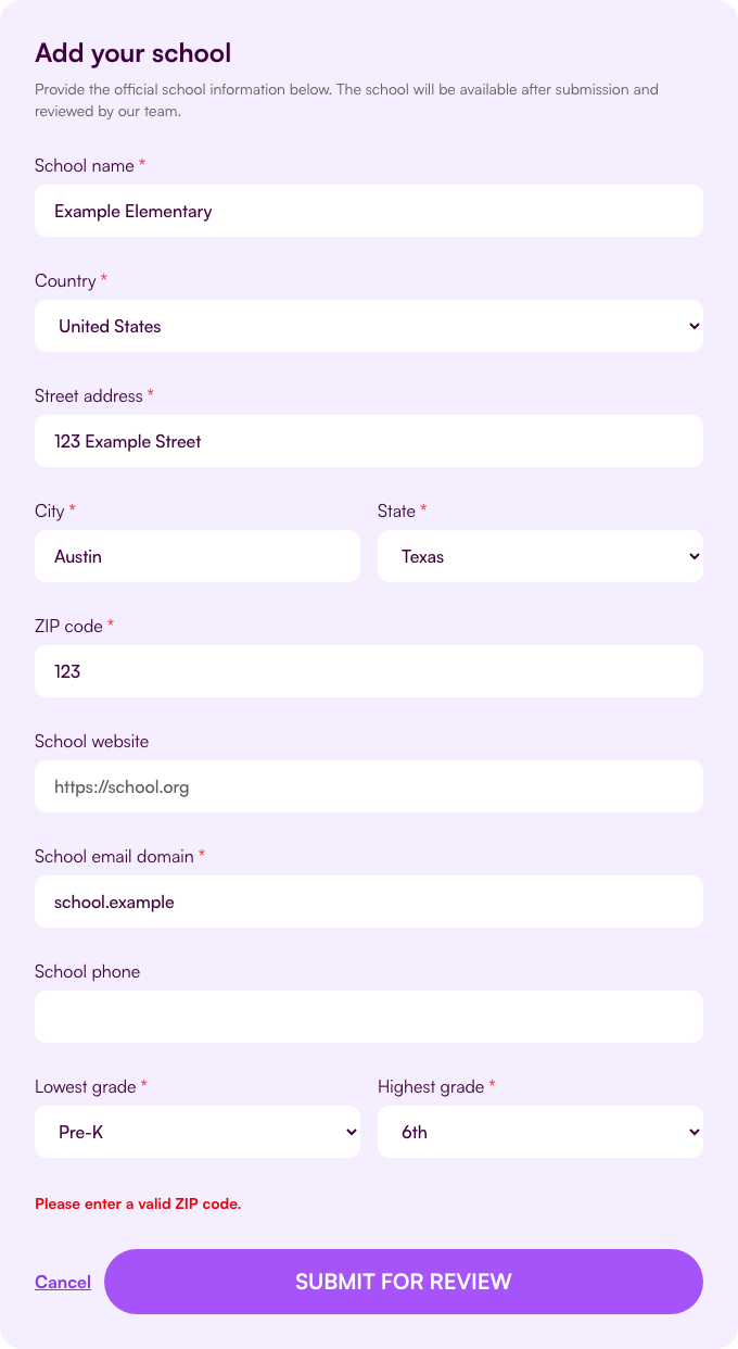 The ZIP or postal code is invalid