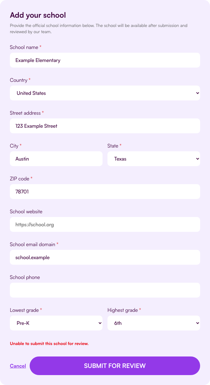 The school could not be submitted