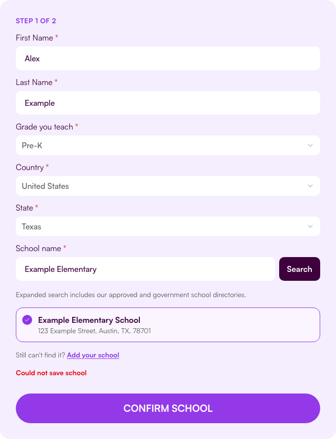 The selected school cannot be confirmed
