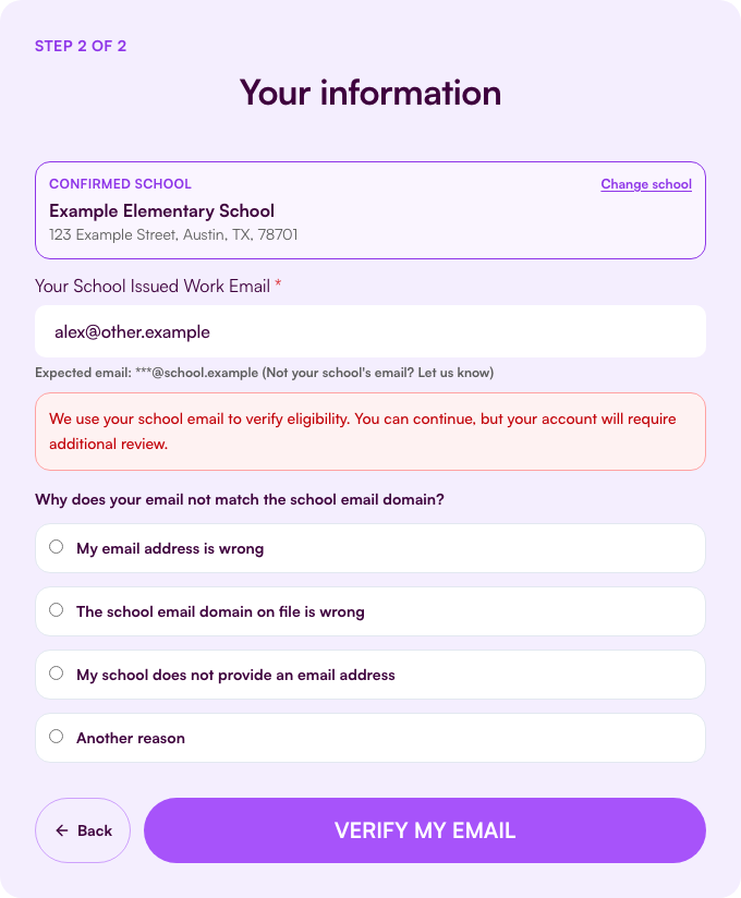 Your email does not match the school domain