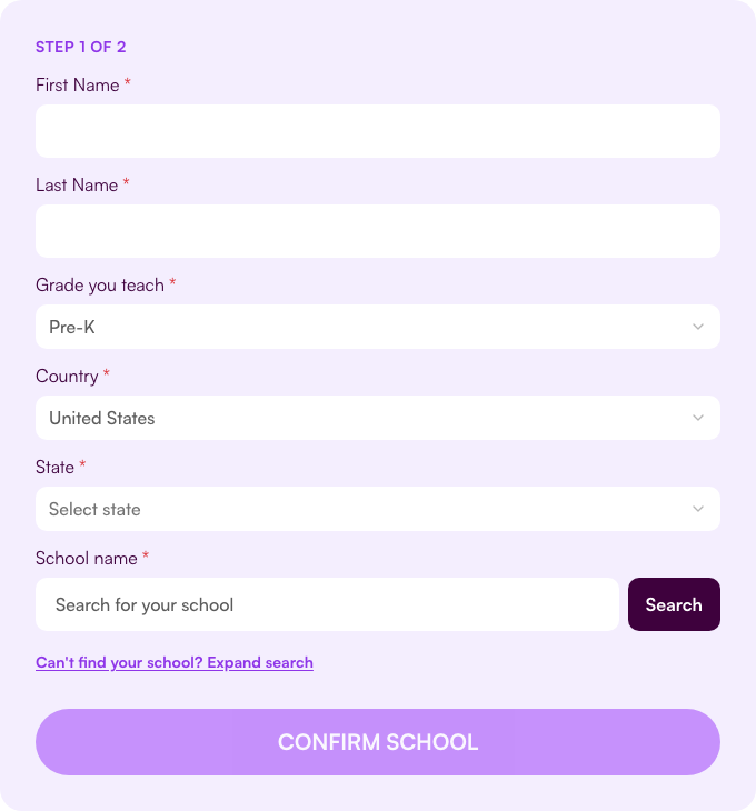 Teacher enrollment: country, region, and school search