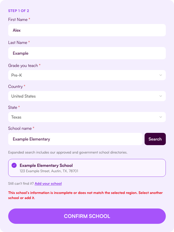 The school is in the wrong region
