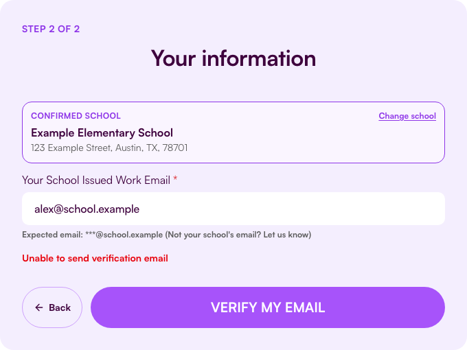 The verification email could not be sent