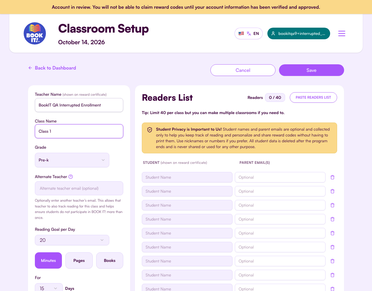Classroom setup form