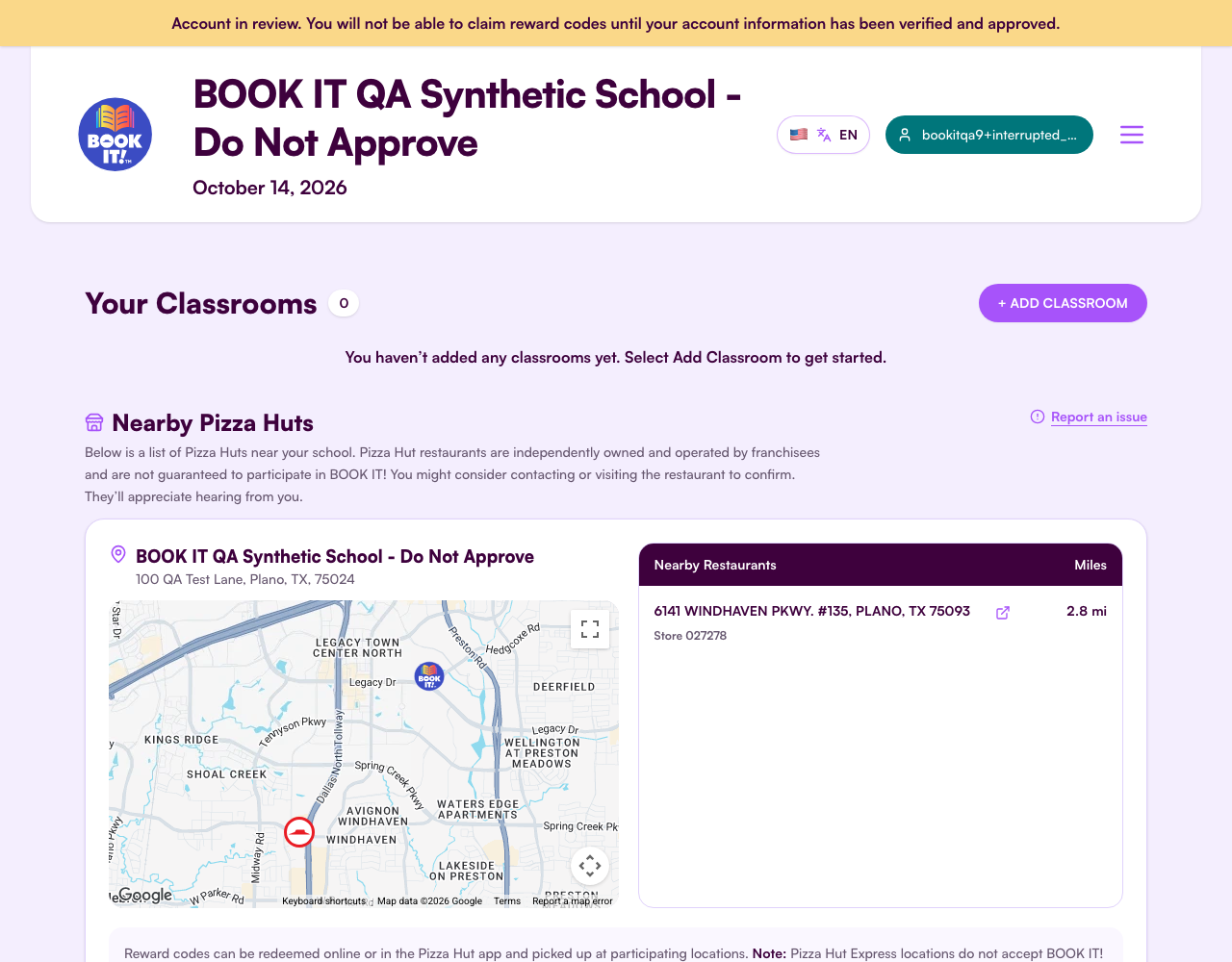 Dashboard with no classrooms and an account-review banner