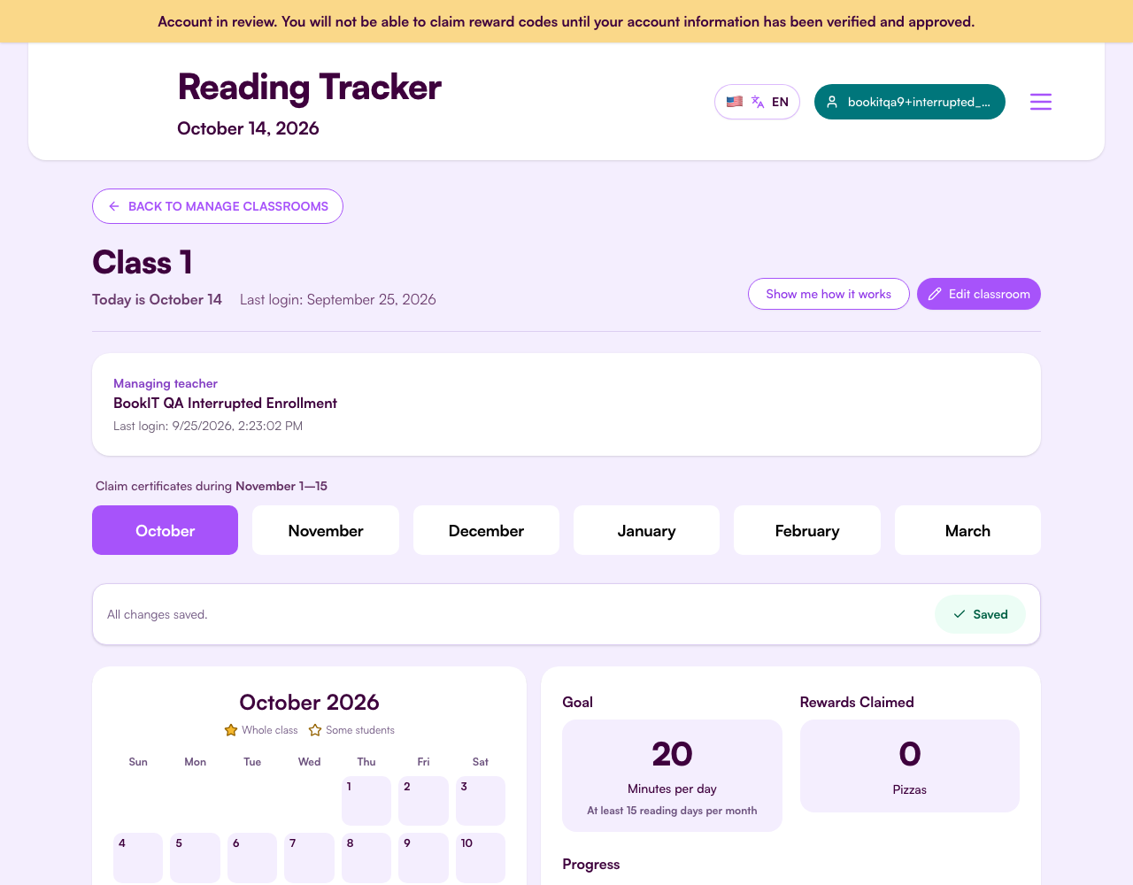 Classroom reading tracker